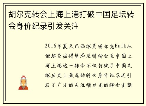 胡尔克转会上海上港打破中国足坛转会身价纪录引发关注