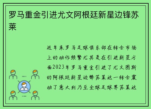 罗马重金引进尤文阿根廷新星边锋苏莱 罗马重金引进尤文阿根廷新星边锋苏莱